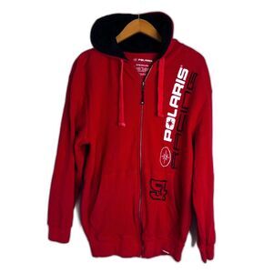 Polaris Racing Red Hooded 100% Cotton Full Zip Thermal Sweatshirt Size Medium